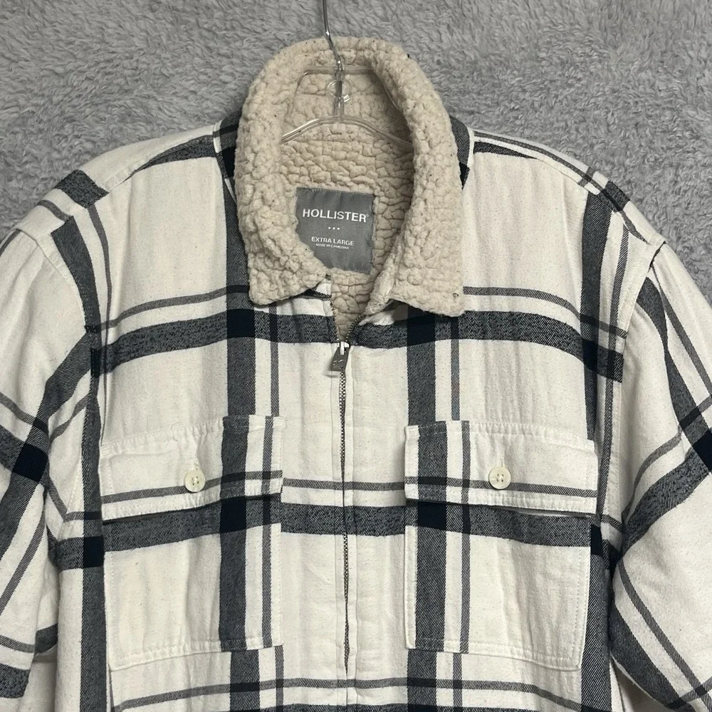 Hollister Jacket Men's XL Sherpa Lined Shacket Black & Cream Plaid Flannel‎